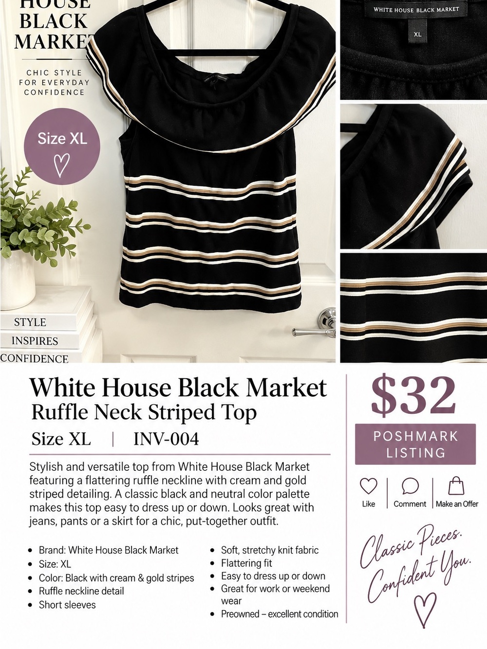 White House Black Market Black Ruffle-Neck Top with Cream and Gold Stripes
